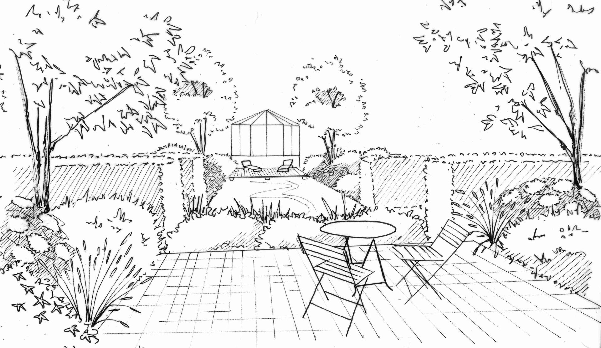 esquisse noir et blanc- jardin de la contemplation- MT concepteur paysagiste