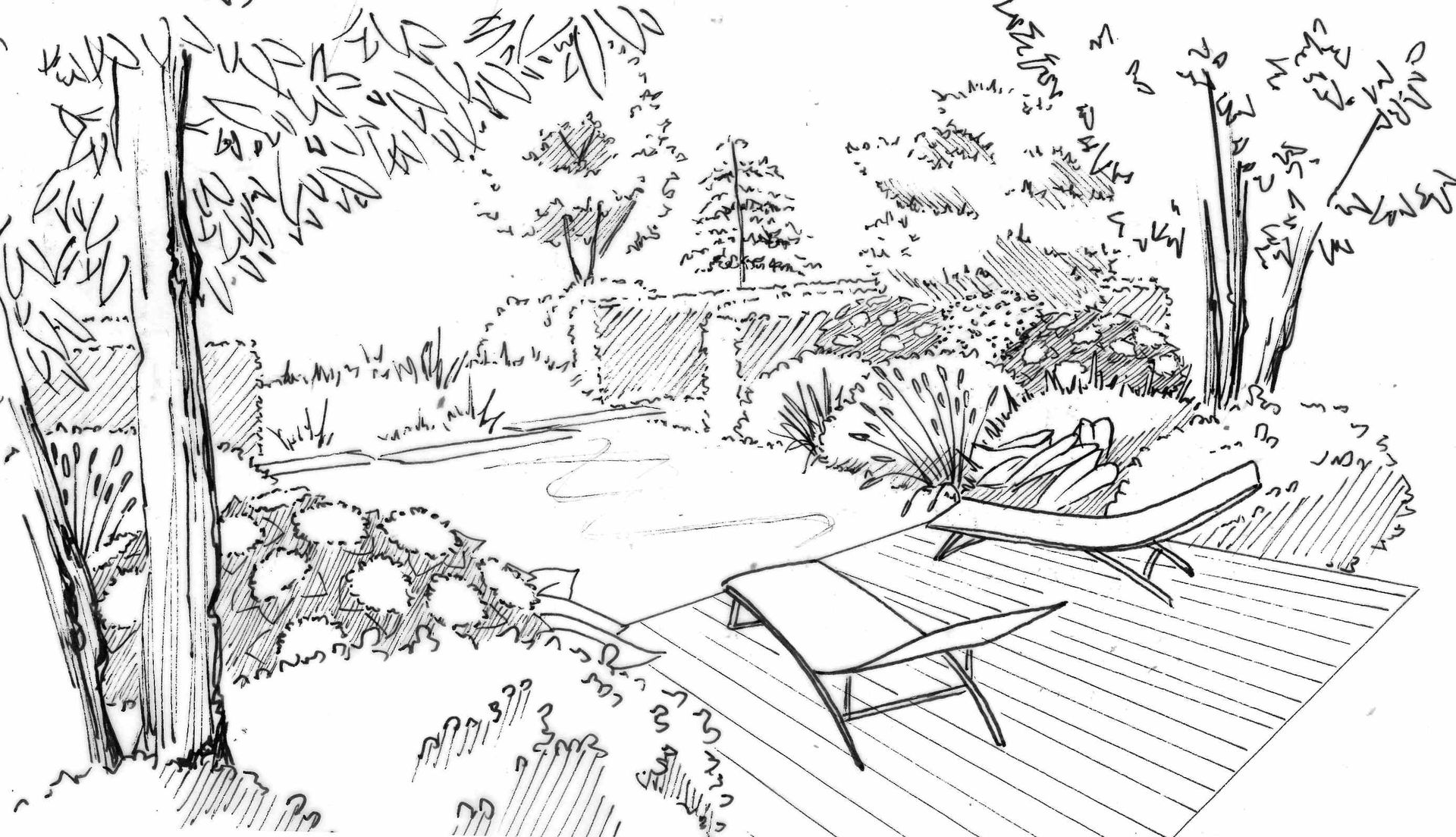 esquisse noir et blanc- jardin de la contemplation- MT concepteur paysagiste