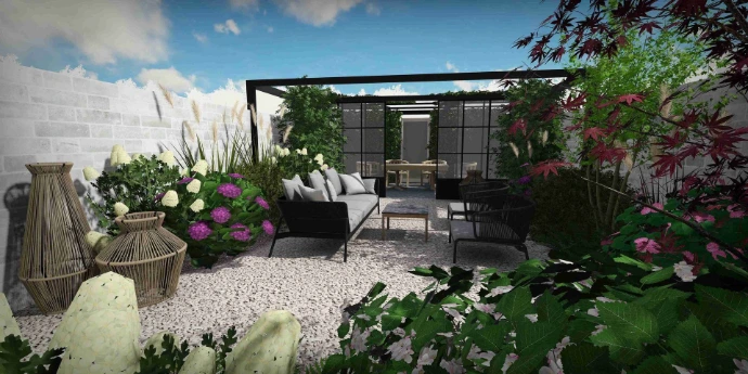 un patio revitalisé -massifs fleuris- MT concepteur paysagiste