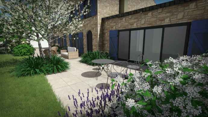 terrasse de vie en pierres naturelles- MT concepteur paysagiste