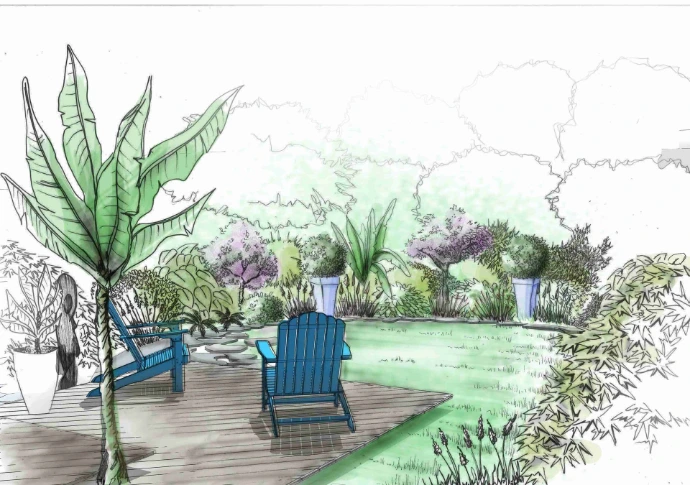 esquisse terrasse bois projet tropical- MT concepteur paysagiste
