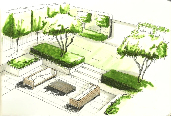 dessin aux feutres- jardin à la française- MT concepteur paysagiste