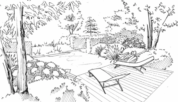 esquisse noir et blanc- jardin de la contemplation- MT concepteur paysagiste